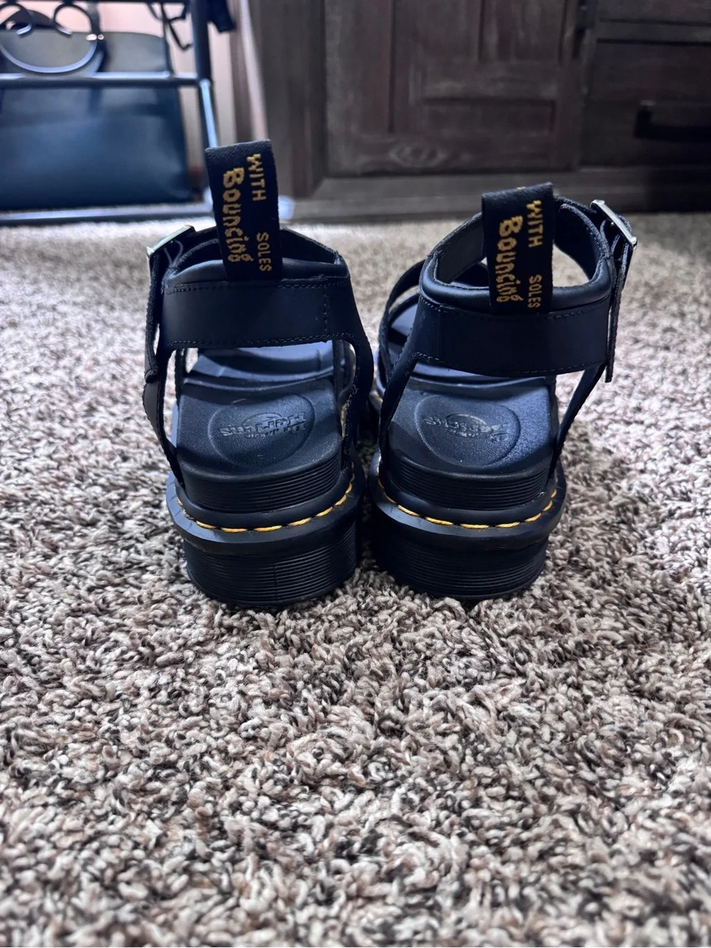 Dr. Martens AirWair Black Platform Sandals with Yellow Stitching